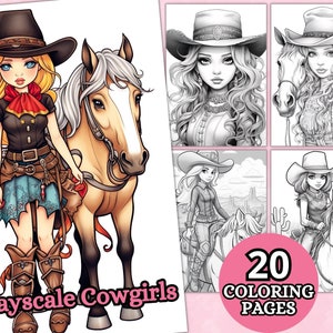 Kolorowanki Cowgirls dla dorosłych, Kolorowanka w odcieniach szarości, Fantasy Anime, Kolorowanka, Wydrukuj PDF, Arkusze do kolorowania, Kolorowanka Western