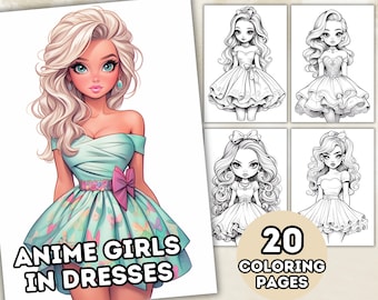 Cute Anime Girls in Dresses Coloring Pages, Grayscale Coloring Pages, Fantasy Anime Coloring Book, Printable PDF, Digital Download, v.2