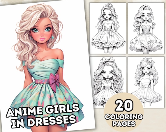 Cute Anime Girls in Dresses Coloring Pages, Grayscale Coloring Pages, Fantasy Anime Coloring Book, Printable PDF, Digital Download, v.2