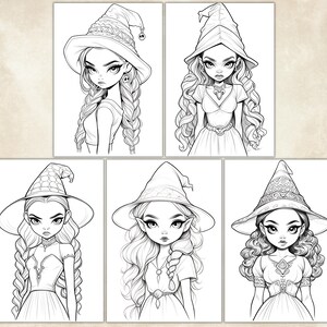Cute Anime Witches Coloring Pages For Adults, Grayscale Coloring Pages, Halloween Coloring Pages, Fantasy Anime Coloring Book, Printable PDF Active