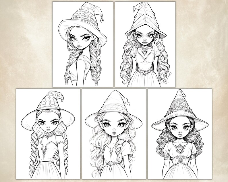 Cute Anime Witches Coloring Pages For Adults, Grayscale Coloring Pages, Halloween Coloring Pages, Fantasy Anime Coloring Book, Printable PDF Active