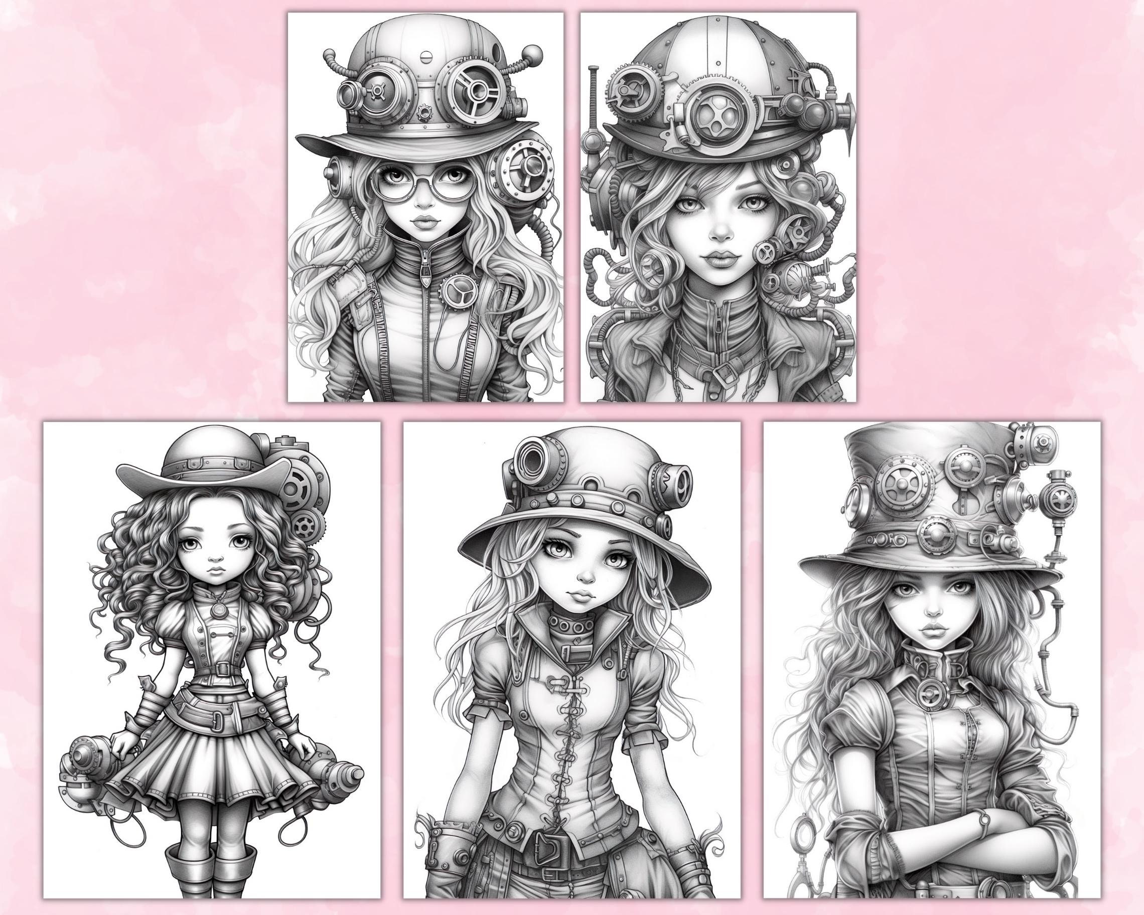 Steampunk Girls Coloring Pages for Adults, Grayscale Coloring Page ...