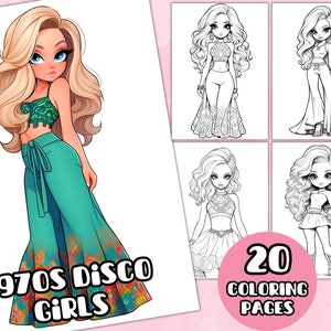 1970s Disco Girls Coloring Pages, Grayscale Coloring Pages, Printable PDF, Digital Coloring Book, Fashion Coloring Pages