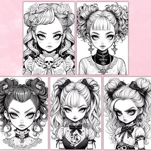 May include: Five black and white illustrations of girls with different hairstyles and clothing. Each girl has a skull or other gothic-inspired accessory.