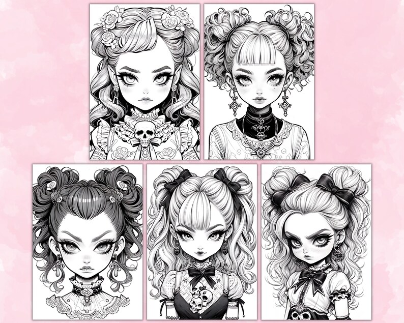 May include: Five black and white illustrations of girls with different hairstyles and clothing. Each girl has a skull or other gothic-inspired accessory.