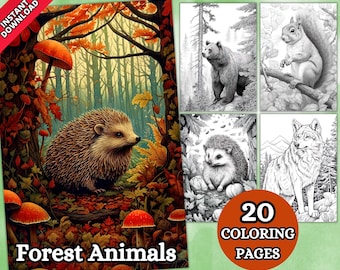 Forest Animals Coloring Pages, Grayscale Coloring Page, Printable Coloring Pages, Wildlife Coloring, Printable PDF, Wolf, Bear, Hedgehog