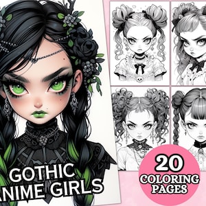 Anime Goth Girls Coloring Pages For Adults, Grayscale Coloring Page, Fantasy Anime Coloring Book, Printable PDF, Digital download, Gothic