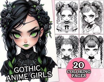 Anime Goth Girls Coloring Pages For Adults, Grayscale Coloring Page, Fantasy Anime Coloring Book, Printable PDF, Digital download, Gothic