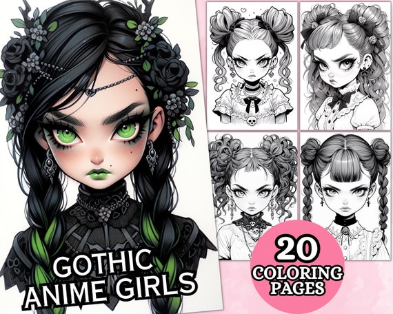 Anime Goth Girls Coloring Pages For Adults, Grayscale Coloring Page, Fantasy Anime Coloring Book, Printable PDF, Digital download, Gothic