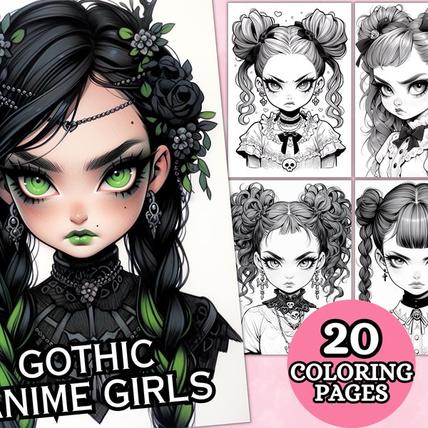 Anime Goth Girls Coloring Pages For Adults, Grayscale Coloring Page, Fantasy Anime Coloring Book, PDF imprimable, Téléchargement numérique, Gothique
