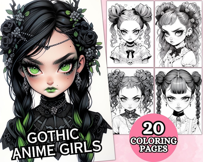 May include: A black and white illustration of 20 gothic anime girls with different hairstyles and expressions. The text "Gothic Anime Girls" and "20 Coloring Pages" is visible in the image.