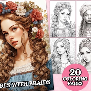 Girls With Braids Coloring Pages For Adults, Grayscale Coloring Pages, Coloring Book, Printable PDF, Women Coloring Pages, Digital Download