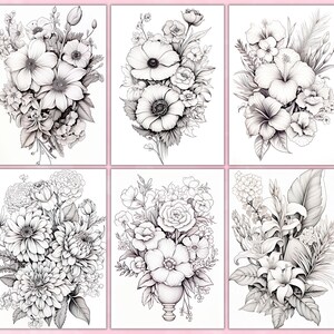 Flower Arrangements Coloring Pages For Adults, Grayscale Coloring Pages, Flowers Coloring Book, Printable PDF, Botanical Floral Coloring