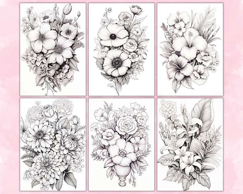 Flower Arrangements Coloring Pages For Adults, Grayscale Coloring Pages, Flowers Coloring Book, Printable PDF, Botanical Floral Coloring
