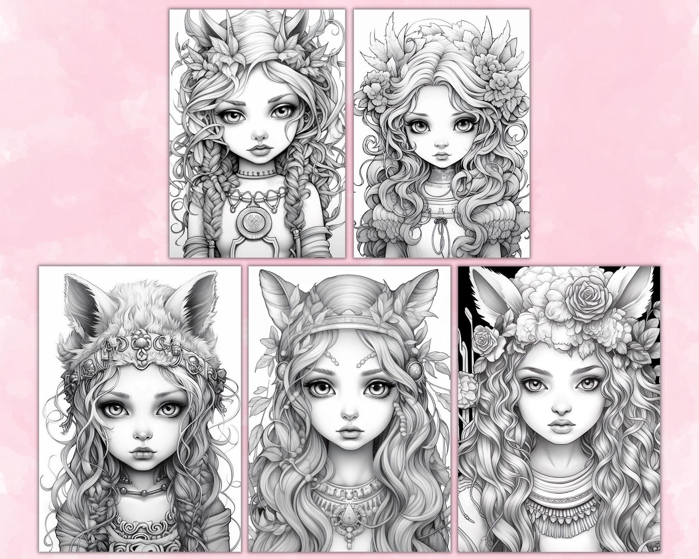 Cute Druid Girls Coloring Pages for Adults, Grayscale Coloring Pages ...