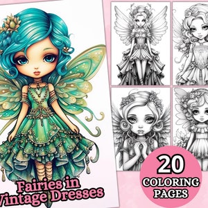 Fairies in Vintage Dresses Coloring Pages v2, Fairy Coloring Page, Grayscale Coloring Page, Fantasy Anime, Printable PDF, Coloring Sheet