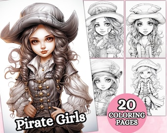 Ragazze pirata pagine da colorare per adulti, pagine da colorare in scala di grigi, libro da colorare, anime fantasy, PDF stampabile, download digitale