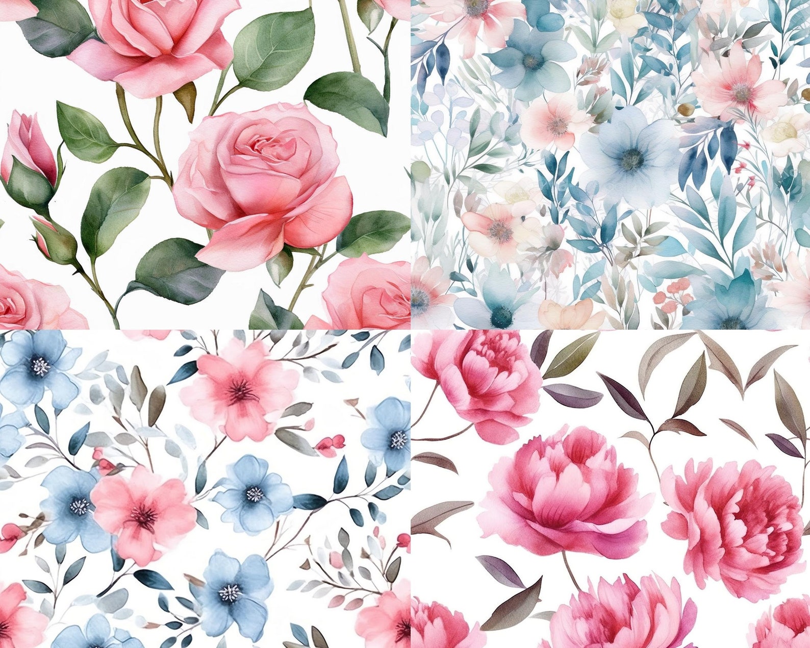 12 Seamless Watercolor Floral Pattern, Watercolor Flower Patterns, Pink ...
