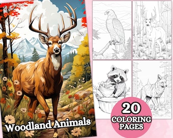 Woodland Animal Coloring Pages, Animal Coloring Book, Grayscale Coloring Pages, Wildlife, Forest, Landscape, Printable PDF, Digital Download