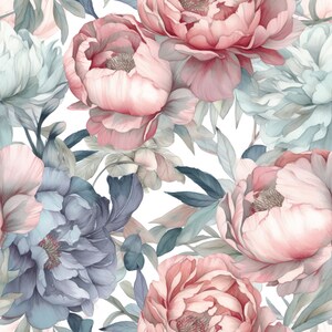 K&ouml;nnte beinhalten: Ein nahtloses Muster mit Aquarell-Illustrationen von rosa und blauen Pfingstrosen mit gr&uuml;nen Bl&auml;ttern auf wei&szlig;em Hintergrund.