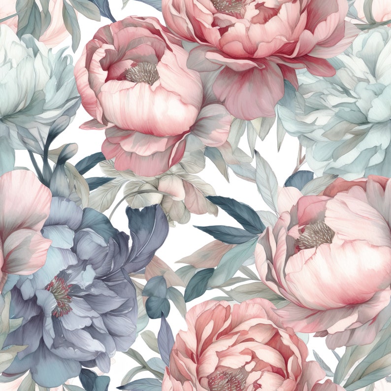 K&ouml;nnte beinhalten: Ein nahtloses Muster mit Aquarell-Illustrationen von rosa und blauen Pfingstrosen mit gr&uuml;nen Bl&auml;ttern auf wei&szlig;em Hintergrund.