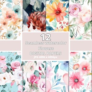 K&ouml;nnte beinhalten: Zw&ouml;lf nahtlose Aquarell-Blumen-Digitalpapiere im JPG-Format, jedes mit einer Gr&ouml;&szlig;e von 4096 x 4096 Pixel. Die Papiere zeigen eine Vielzahl von Blumen in verschiedenen Farben, darunter Rosa, Blau, Gelb und Lila.