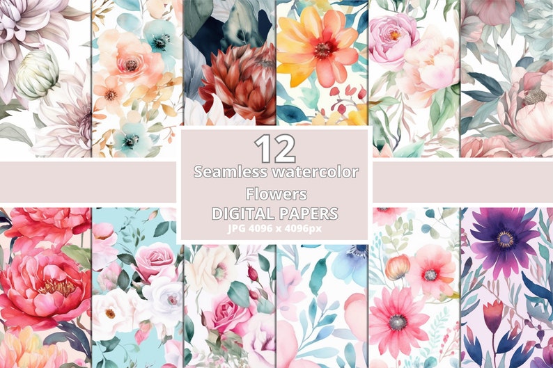 K&ouml;nnte beinhalten: Zw&ouml;lf nahtlose Aquarell-Blumen-Digitalpapiere im JPG-Format, jedes mit einer Gr&ouml;&szlig;e von 4096 x 4096 Pixel. Die Papiere zeigen eine Vielzahl von Blumen in verschiedenen Farben, darunter Rosa, Blau, Gelb und Lila.
