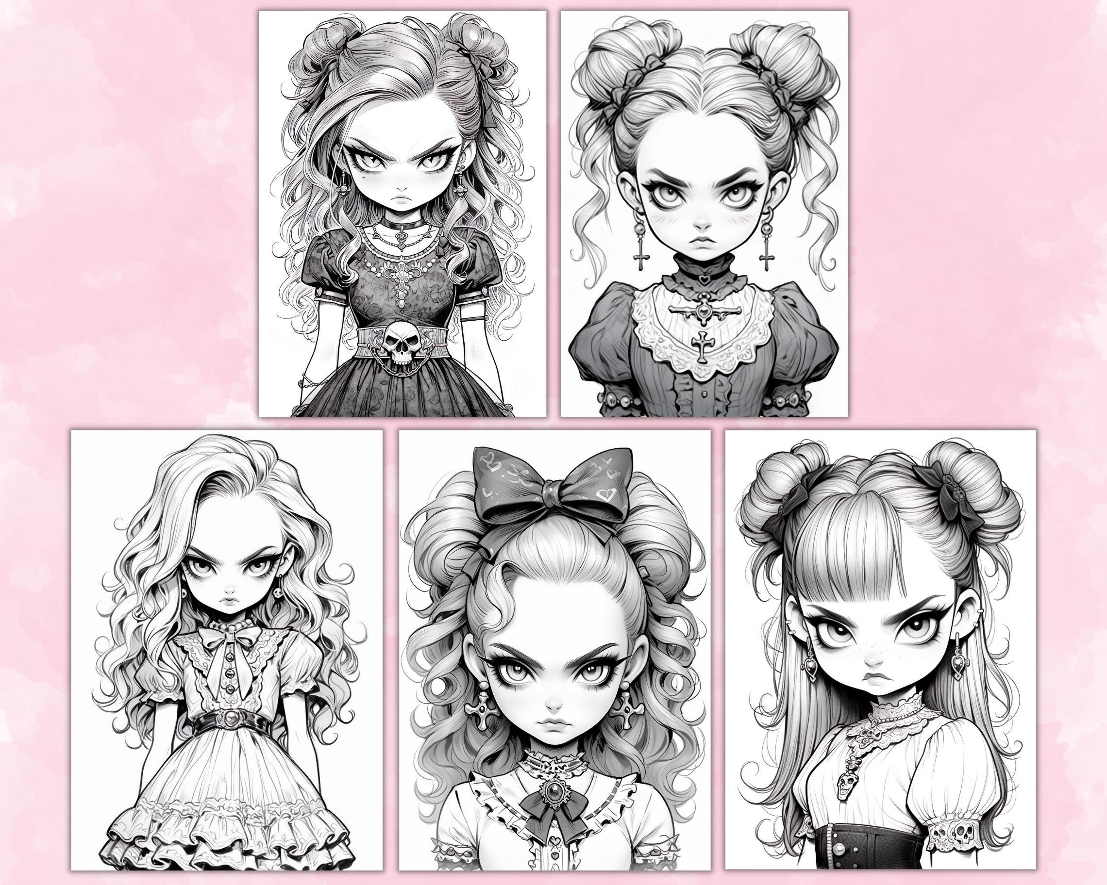 Gothic Anime Girls Coloring Pages for Adults Grayscale - Etsy