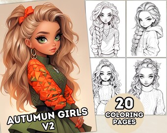Op de afbeelding: Een set van 20 kleurplaten met illustraties van meisjes met lang, golvend haar. De meisjes dragen truien en hebben herfstthema kapsels. De tekst "AUTUMN GIRLS V2" en "20 COLORING PAGES" is zichtbaar op de afbeelding.