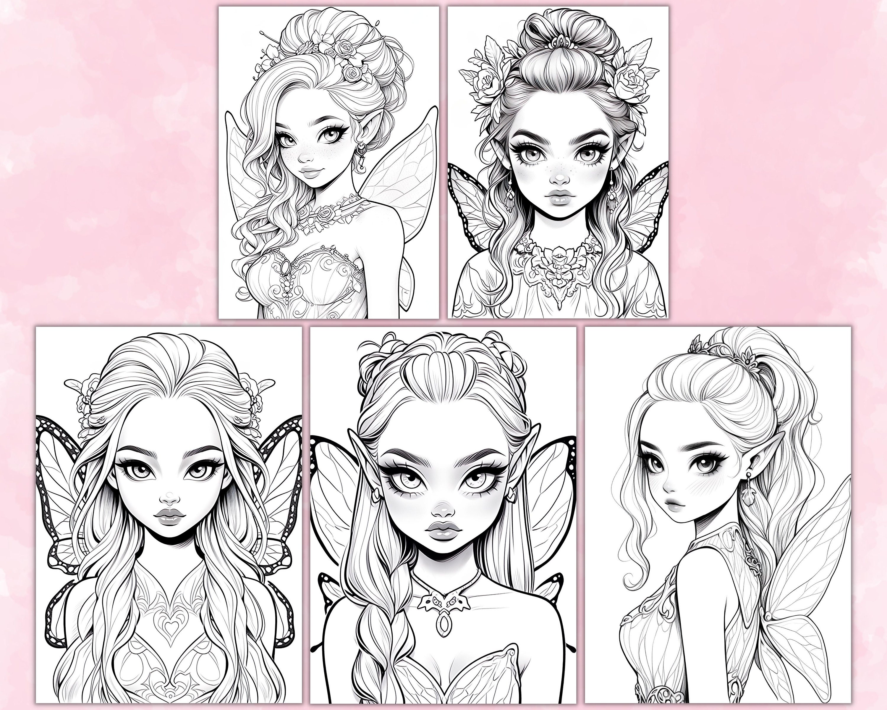 Cute Anime Fairies Coloring Pages, Grayscale Coloring Page, Fantasy ...