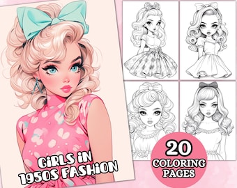 Girls in 1950s Fashion Coloring Pages For Adults, Grayscale Coloring Pages, Fantasy Anime Coloring Book, Printable PDF, Digital Download