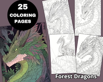 20 Forest Dragon Fantasy Coloring Page Book, Adults Coloring Book, Grayscale Coloring Page, Dragon Coloring, Printable PDF, Digital Download