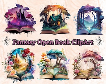 Puede incluir: Seis libros abiertos coloridos con diferentes escenas de fantasía en su interior. Cada libro presenta un paisaje diferente, incluyendo un castillo, una casa, un bosque, un hongo y un campo. Los libros están pintados en estilo acuarela y tienen un toque caprichoso.