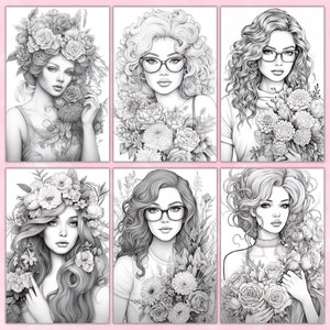 16 Beutiful Women and Flowers Coloring Page, Grayscale Coloring Pages, Coloring Book, Printable PDF, Women Coloring Pages, Floral Coloring