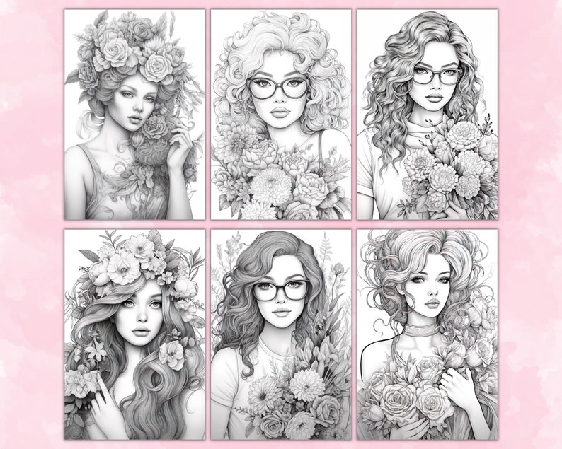 16 Beutiful Women and Flowers Coloring Page, Grayscale Coloring Pages, Coloring Book, Printable PDF, Women Coloring Pages, Floral Coloring