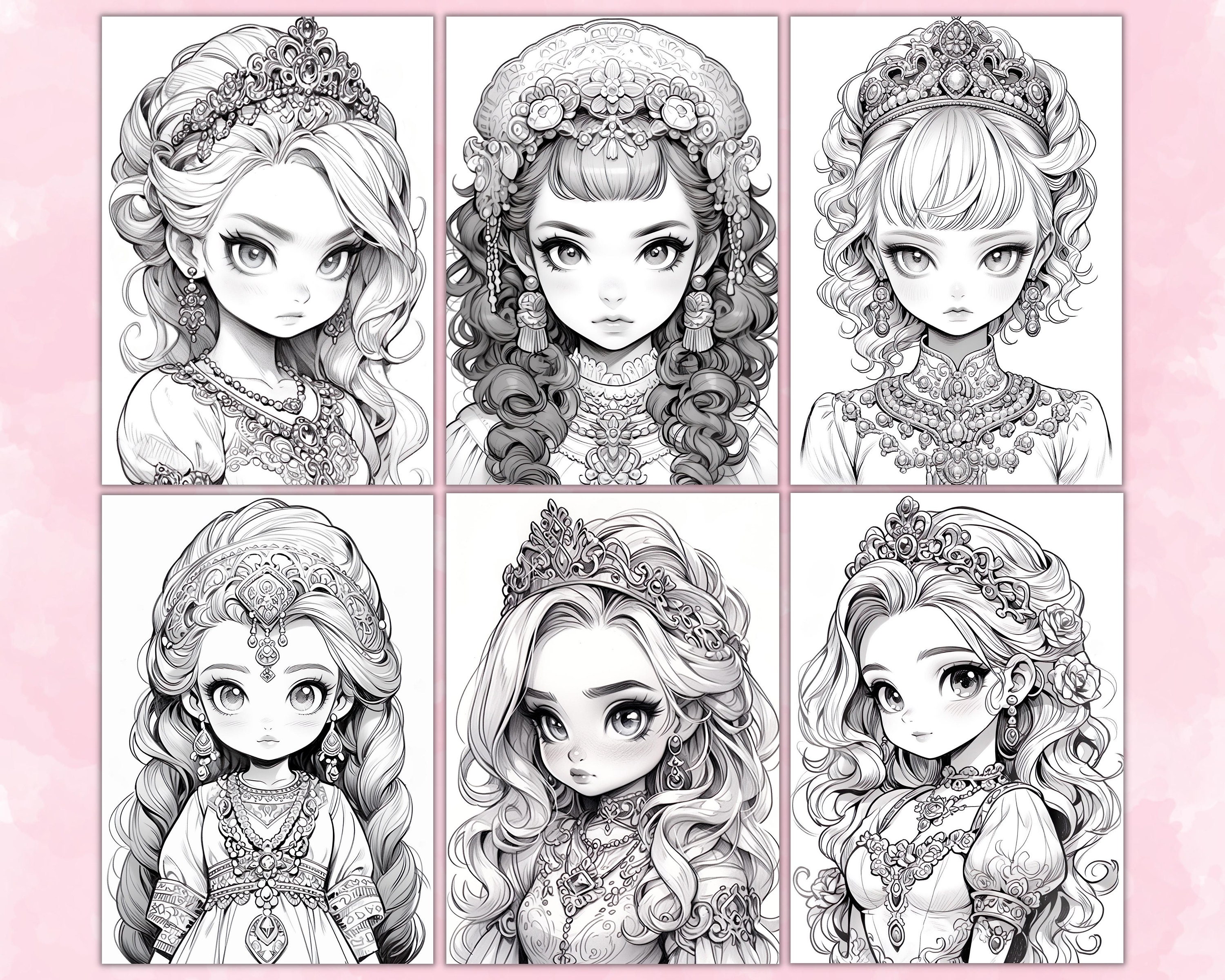 Anime Princesses Coloring Pages for Adults Grayscale Coloring Etsy