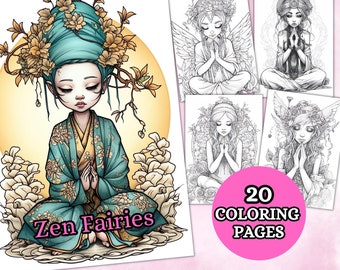 Páginas para colorear de hadas zen, página para colorear de hadas, página para colorear en escala de grises, colorear de hadas, PDF imprimible, páginas para colorear de fantasía
