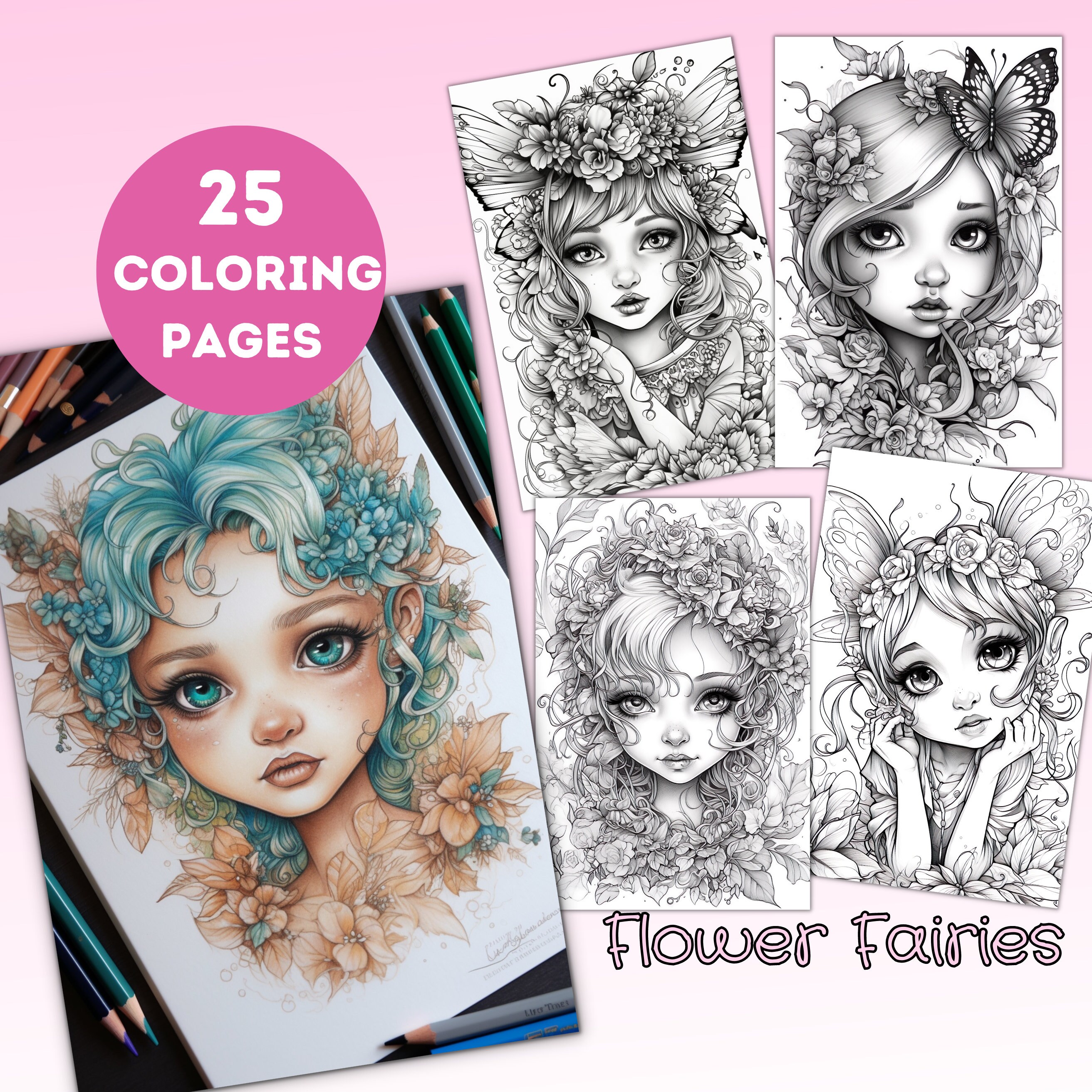 Cute Flower Fairy Coloring Pages Fairy Coloring Page - Etsy