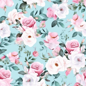 K&ouml;nnte beinhalten: Ein nahtloses Muster mit rosa und wei&szlig;en Rosen mit gr&uuml;nen Bl&auml;ttern auf hellblauem Hintergrund.