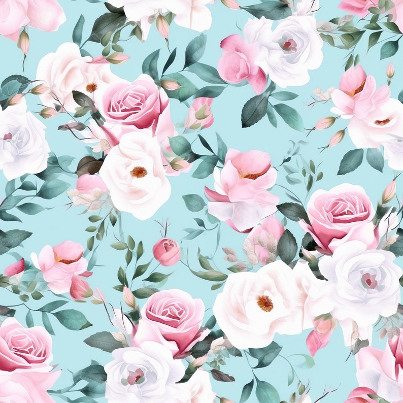 K&ouml;nnte beinhalten: Ein nahtloses Muster mit rosa und wei&szlig;en Rosen mit gr&uuml;nen Bl&auml;ttern auf hellblauem Hintergrund.