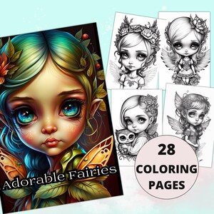 Adorable Fairies Coloring Pages, Fantasy Anime, Fairy Coloring Page, Grayscale Coloring Page, Printable PDF, Coloring Sheet, fairy coloring
