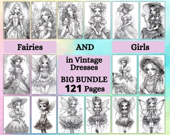 Fairies and Girls in Vintage Dresses Big Bundle Coloring Pages Book, Grayscale Coloring Page, Printable PDF, Coloring Book Bundle, Fairies