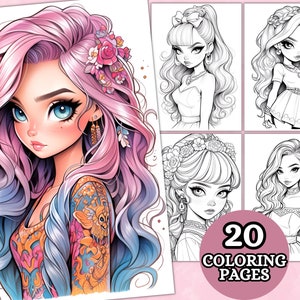 Lindas páginas para colorear de chicas anime para adultos, páginas para colorear en escala de grises, libro para colorear de anime de fantasía, PDF imprimible, hojas para colorear, digital