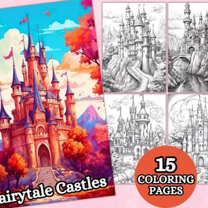 Fairytale Castles Coloring Pages, Grayscale Coloring Page, Fantasy Coloring Book, Printable PDF, Adult Coloring Pages, Fantasy, Fairytale