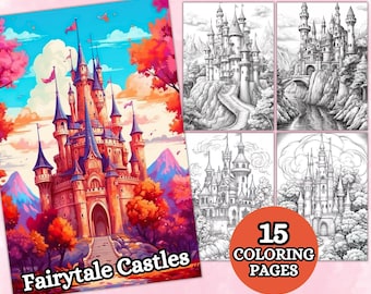 Pages de coloriage de châteaux de conte de fées, page de coloriage en niveaux de gris, livre de coloriage fantastique, PDF imprimable, pages à colorier pour adultes, fantaisie, conte de fées
