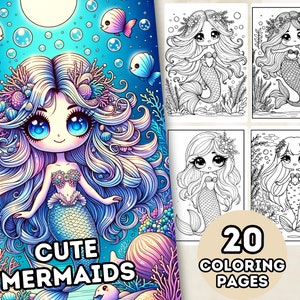 Cute Mermaids Coloring Pages For all Ages, Mermaid Coloring Book, Fantasy Anime, Printable PDF, Printable Coloring Pages, Digital Coloring