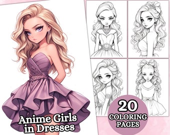 Anime Girls in Dresses Coloring Pages, Grayscale Coloring Pages, Fantasy Anime Coloring Book, Printable PDF, Digital Download, Digital Print