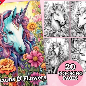 Unicorns & Flowers Coloring Pages, Unicorn Coloring Pages, Grayscale Coloring Page, Fantasy Coloring Pages, Coloring Sheets, Printable PDF