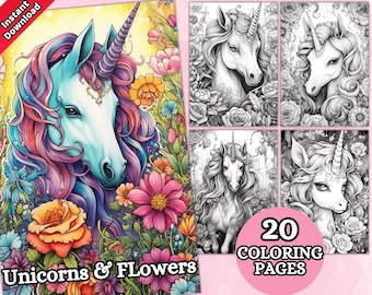 Eenhoorns & Bloemen Kleurplaten, Eenhoorn Kleurplaten, Grijstinten Kleurplaat, Fantasie Kleurplaten, Kleurplaten, Afdrukbare PDF