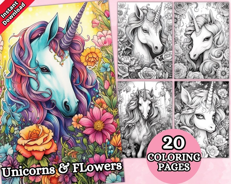 Unicorns & Flowers Coloring Pages, Unicorn Coloring Pages, Grayscale Coloring Page, Fantasy Coloring Pages, Coloring Sheets, Printable PDF